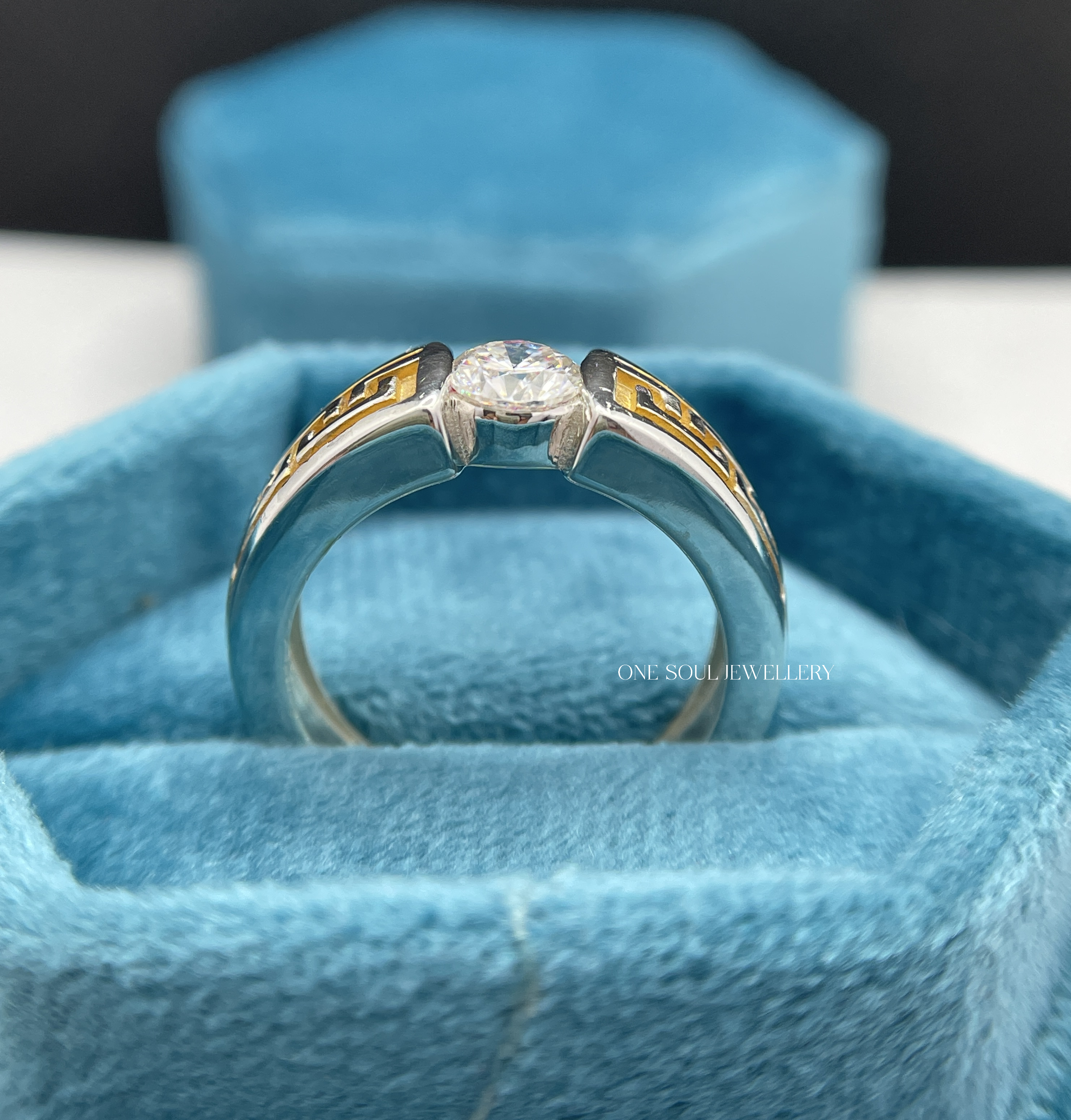 14K yellow gold men's engagement ring featuring Greek key meander pattern and 1CT round VVS moissanite solitaire center stone