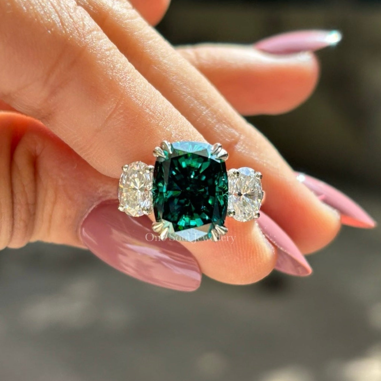 6.50 CT Cushion Cut Green Moissanite Engagement Ring, Three Stone Wedding Ring, Side Stone Oval Cut, Bridal Ring, Trilogy Ring for Women