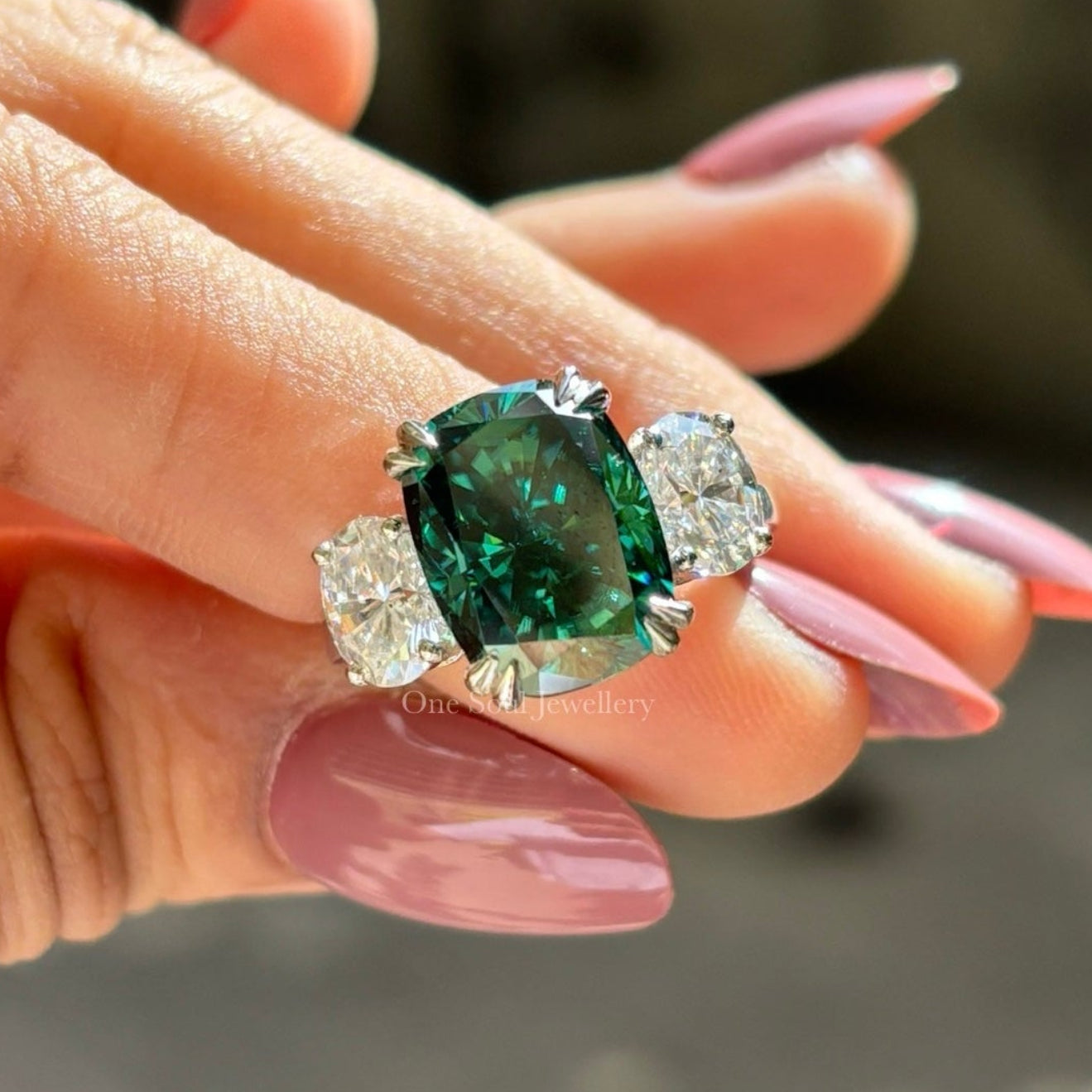 6.50 CT Cushion Cut Green Moissanite Engagement Ring, Three Stone Wedding Ring, Side Stone Oval Cut, Bridal Ring, Trilogy Ring for Women