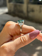 6.50 CT Cushion Cut Green Moissanite Engagement Ring, Three Stone Wedding Ring, Side Stone Oval Cut, Trilogy Bridal Ring