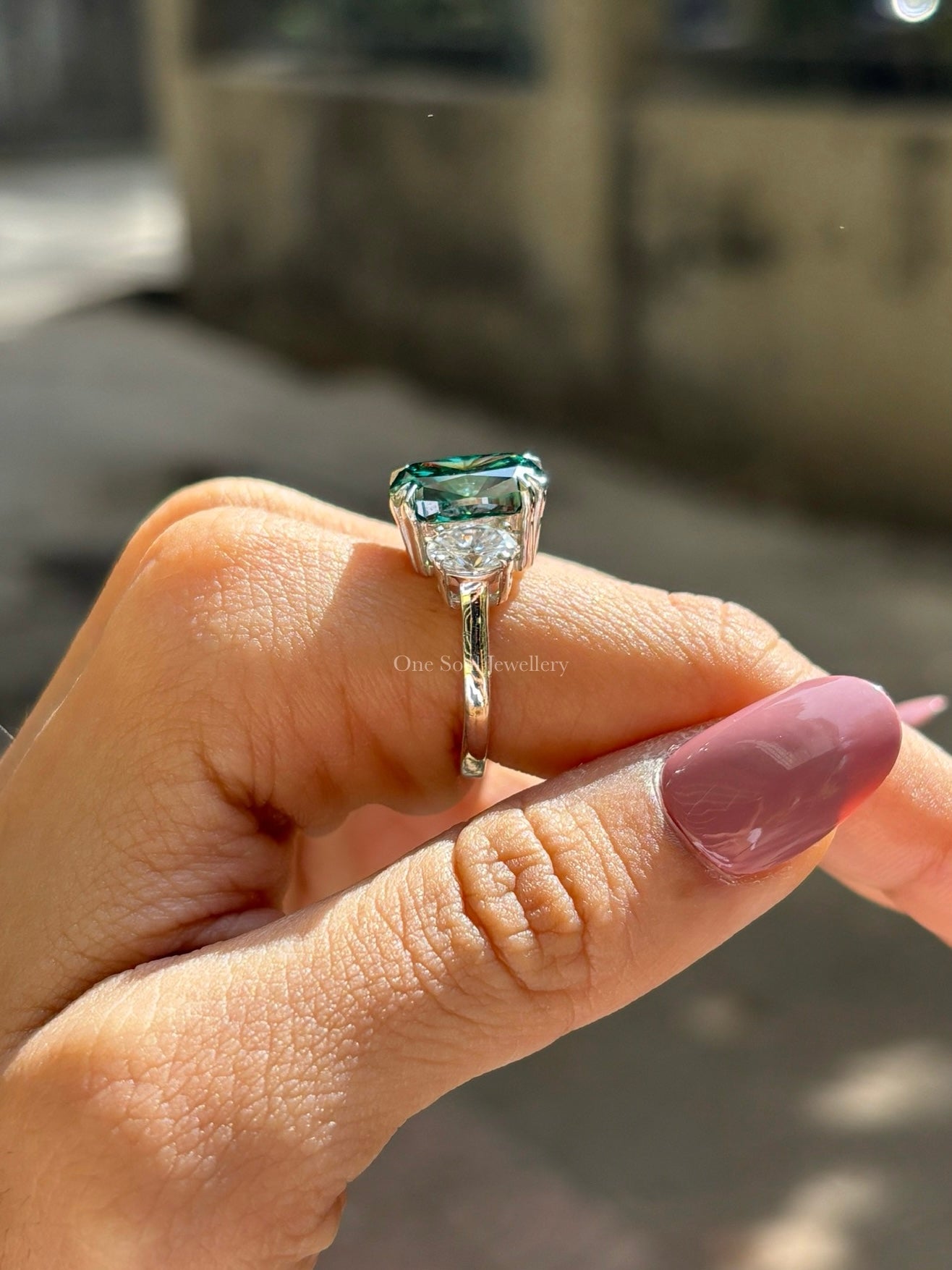 6.50 CT Cushion Cut Green Moissanite Engagement Ring, Three Stone Wedding Ring, Side Stone Oval Cut, Trilogy Bridal Ring