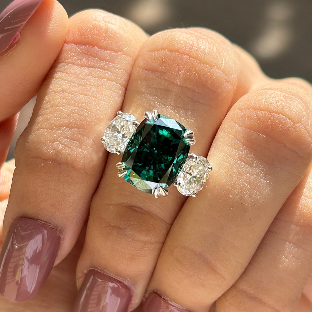 6.50 CT Cushion Cut Green Moissanite Engagement Ring, Three Stone Wedding Ring, Side Stone Oval Cut, Bridal Ring, Trilogy Ring for Women