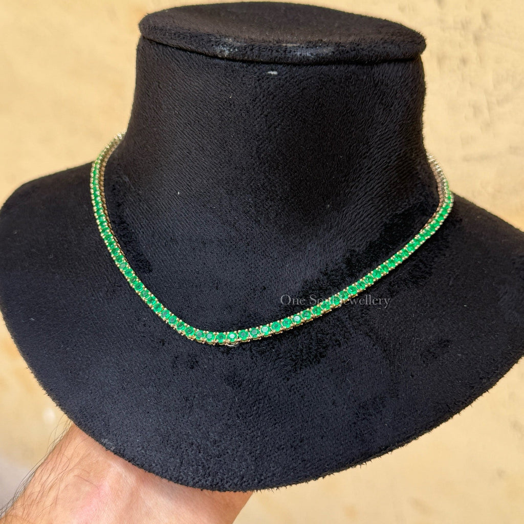 Round Lab Emerald Tennis Necklace, 10K Yellow Gold Tennis Necklace, Round Emerald Necklace for Women, 3.00 MM Necklace, Anniversary Gifts