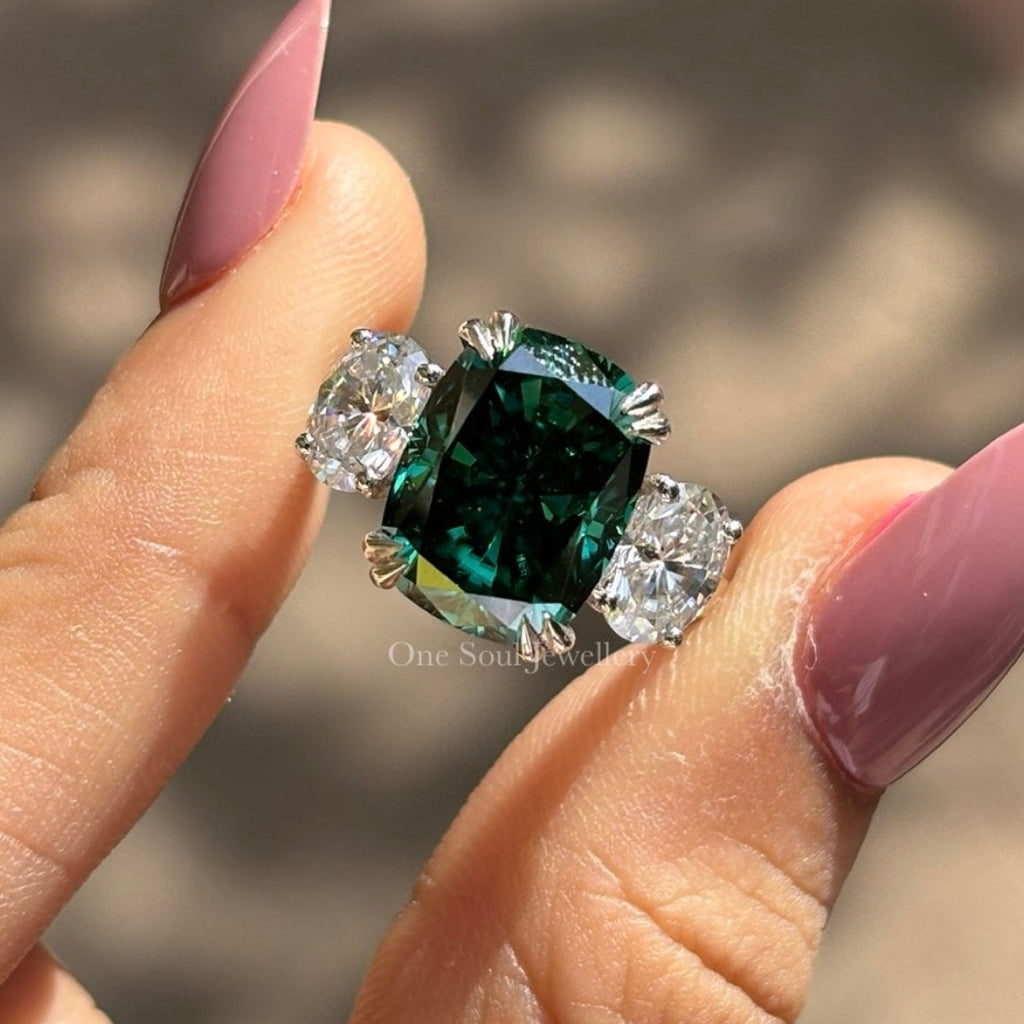 6.50 CT Cushion Cut Green Moissanite Engagement Ring, Three Stone Wedding Ring, Side Stone Oval Cut, Bridal Ring, Trilogy Ring for Women