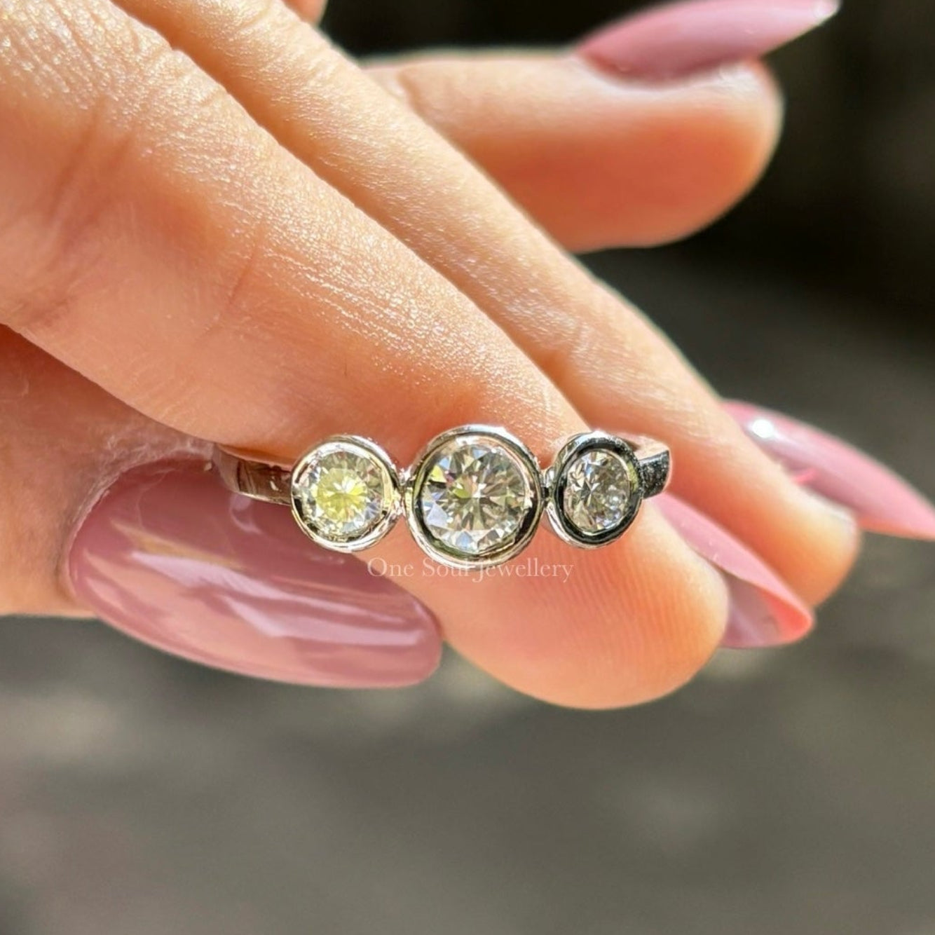 Colorless Round Moissanite Three Stone Engagement Ring, White Gold Promise Ring, Trilogy Wedding Ring, Anniversary Gift, Minimalist Jewelry