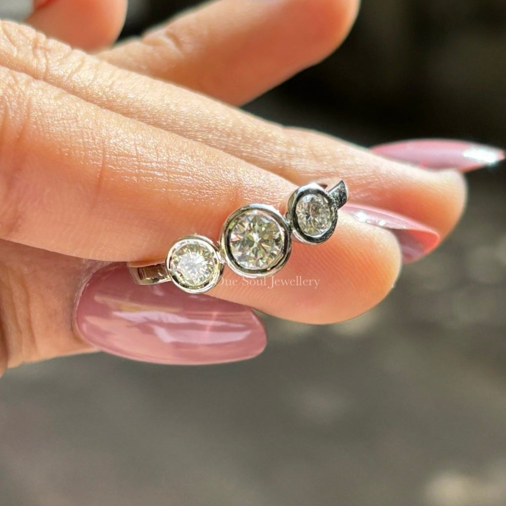 Colorless Round Moissanite Three Stone Engagement Ring, White Gold Promise Ring, Trilogy Wedding Ring, Anniversary Gift, Minimalist Jewelry