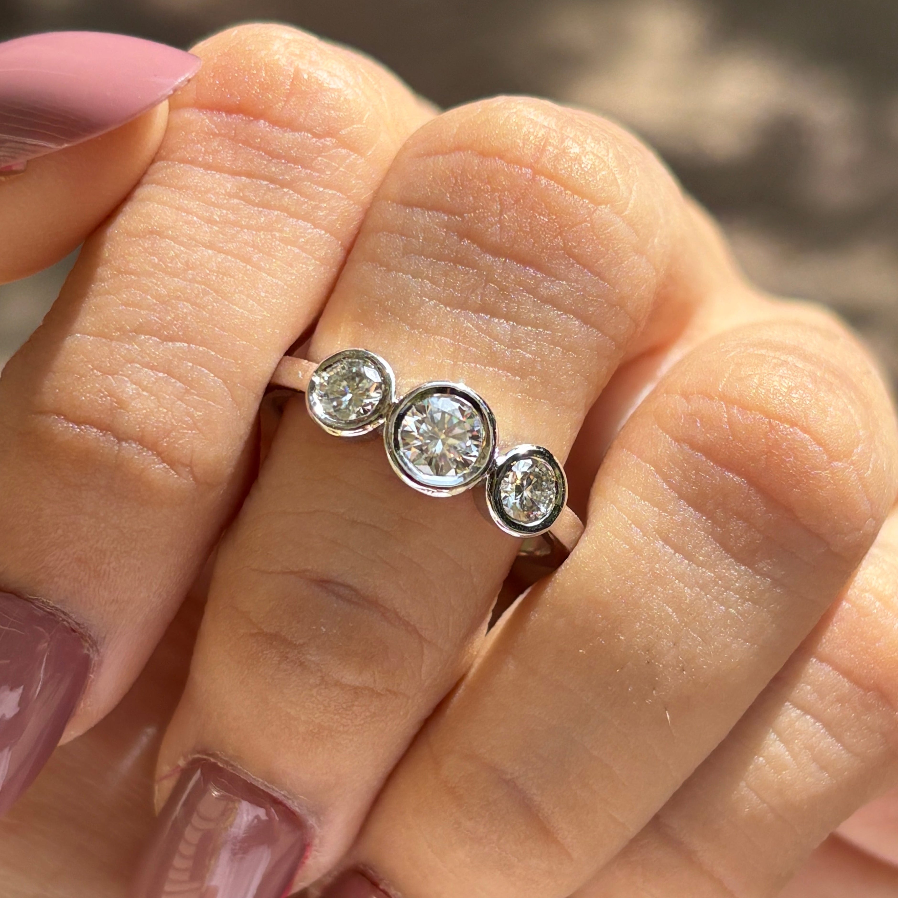 Colorless Round Moissanite Three Stone Engagement Ring, White Gold Promise Ring, Trilogy Wedding Ring, Anniversary Gift, Minimalist Jewelry