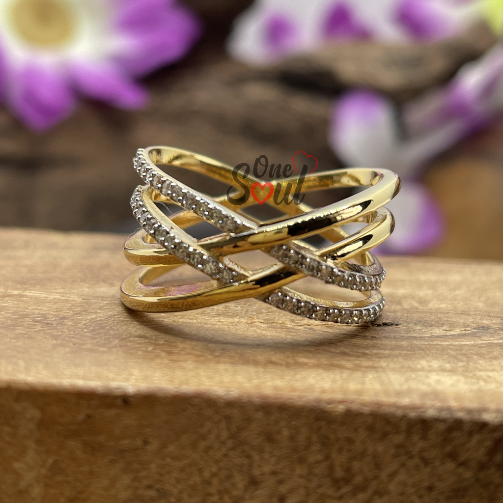 14K yellow gold criss cross moissanite ring with brilliant round cut stone — interlocking wedding band for women