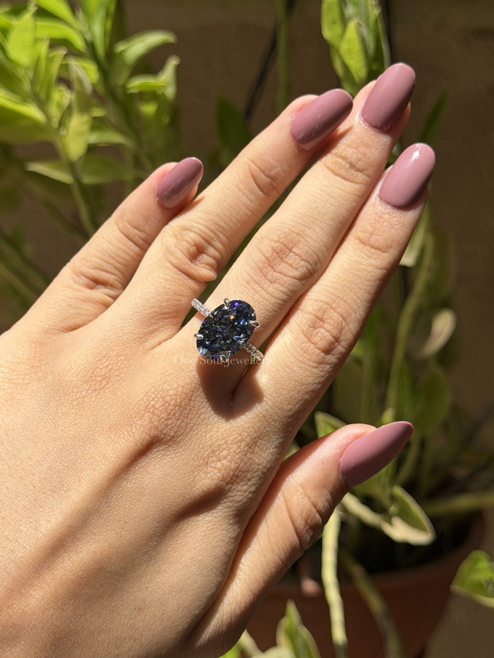 Oval Engagement Ring, Dark Grey Moissanite Diamond Wedding Ring, Hidden Halo Ring, Pave Set Solitaire Ring