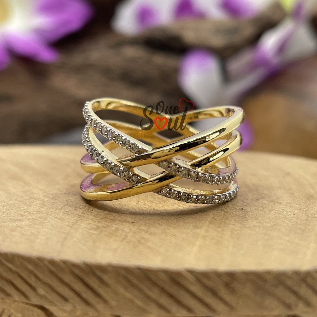 14K yellow gold criss cross moissanite ring with brilliant round cut stone — interlocking wedding band for women