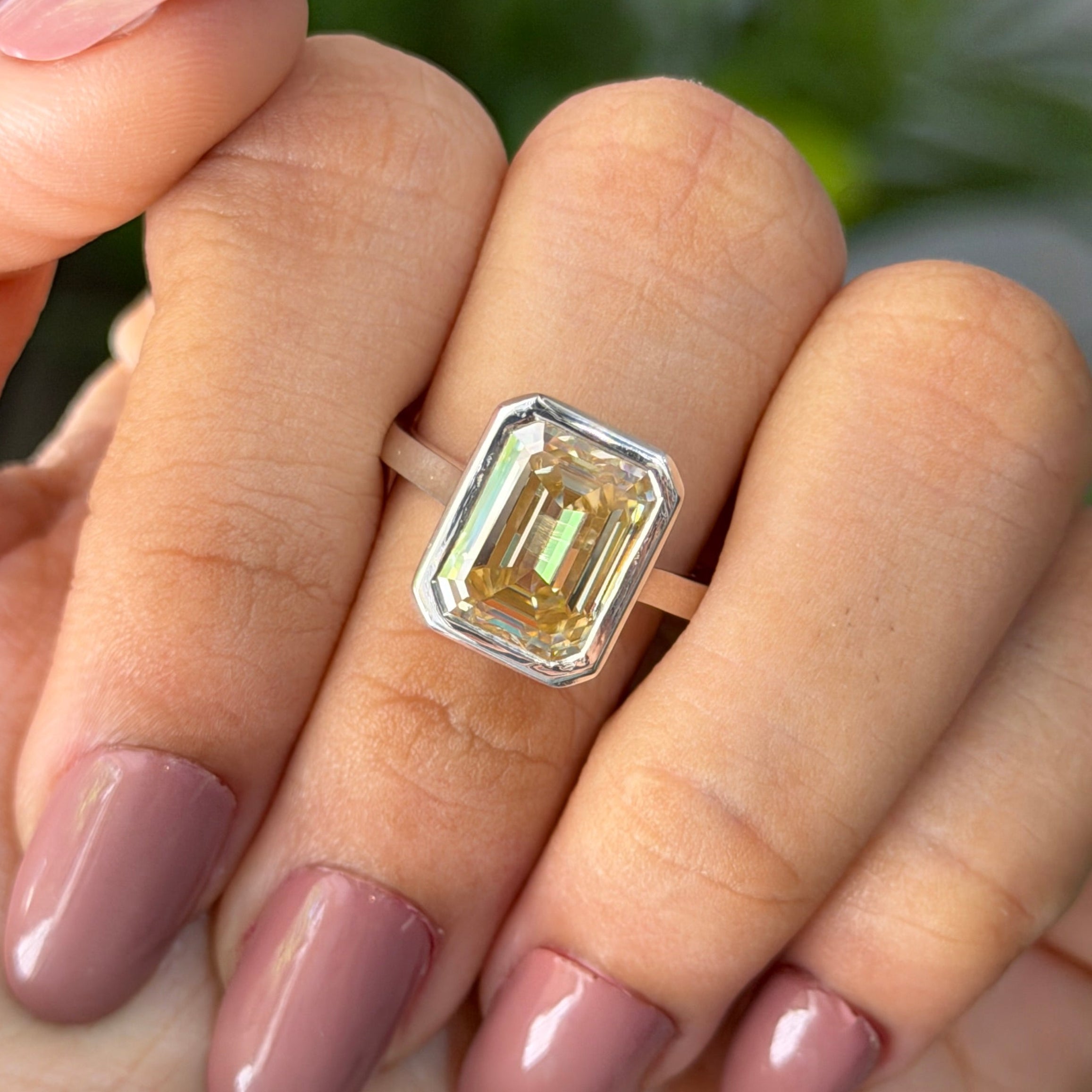 4.00 CT Emerald Cut Canary Yellow Moissanite Engagement Ring, Bezel Set Wedding Ring, Solitaire Ring for Women, Cathedral Set Ring for Her