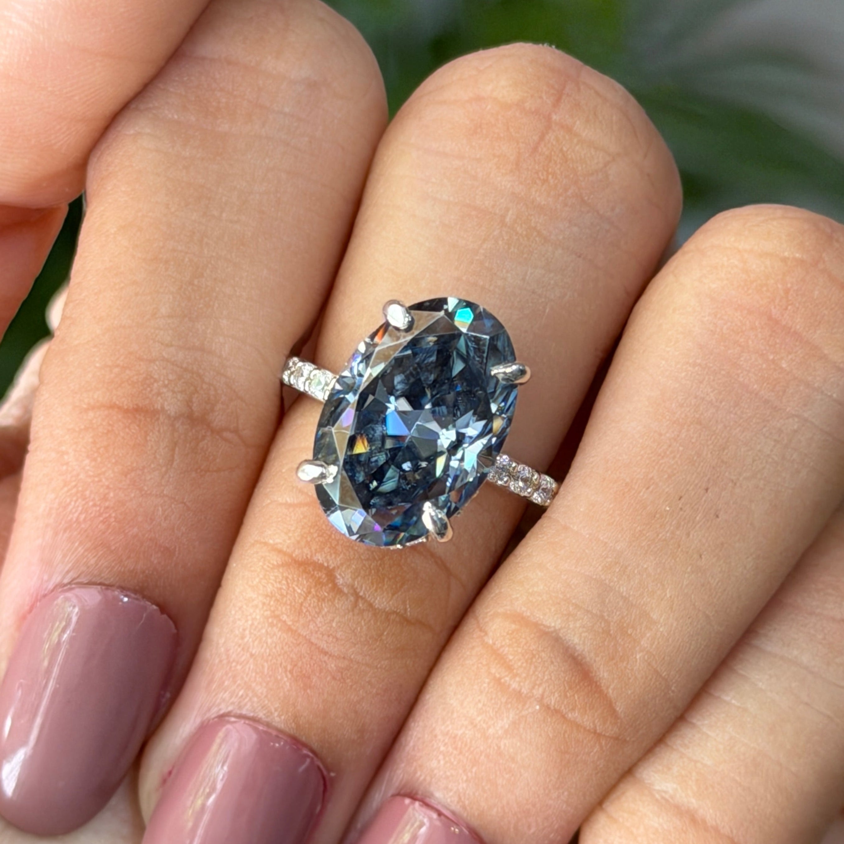 Oval Engagement Ring, Dark Grey Moissanite Diamond Wedding Ring, Hidden Halo Ring, Pave Set Solitaire Ring, Proposal Ring, Anniversary Gifts