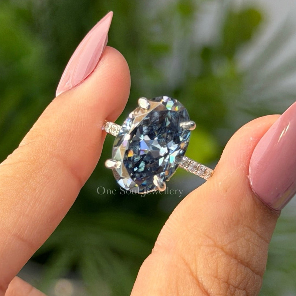 Oval Engagement Ring, Dark Grey Moissanite Diamond Wedding Ring, Hidden Halo Ring, Pave Set Solitaire Ring, Proposal Ring, Anniversary Gifts