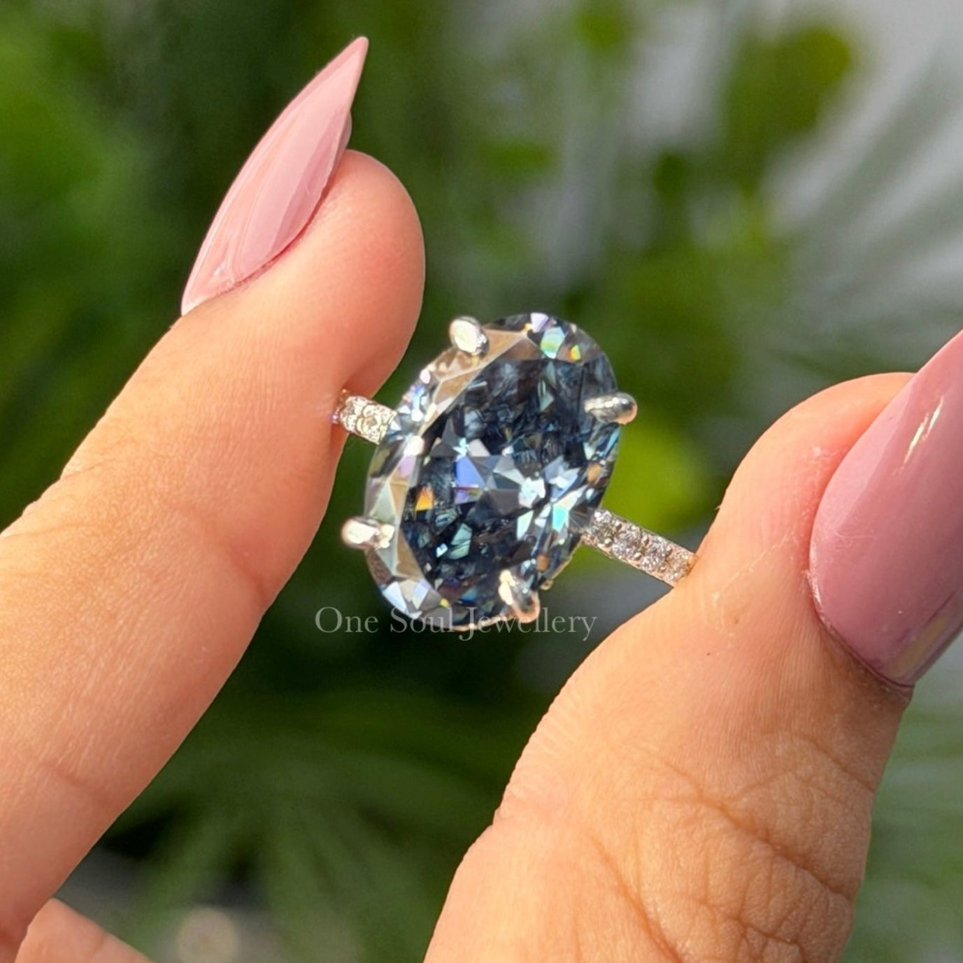 Oval Engagement Ring, Dark Grey Moissanite Diamond Wedding Ring, Hidden Halo Ring, Pave Set Solitaire Ring, Proposal Ring, Anniversary Gifts
