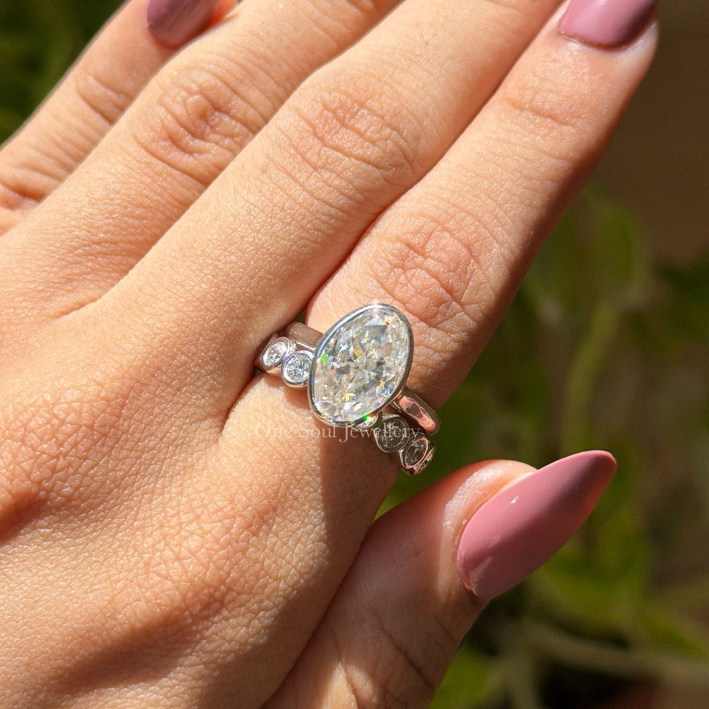 Oval Moissanite Bridal Ring set for Wedding Gifts, Oval Moissanite Engagement Ring, Bubble Band Stacking Band, Eternity Wedding Band for Her