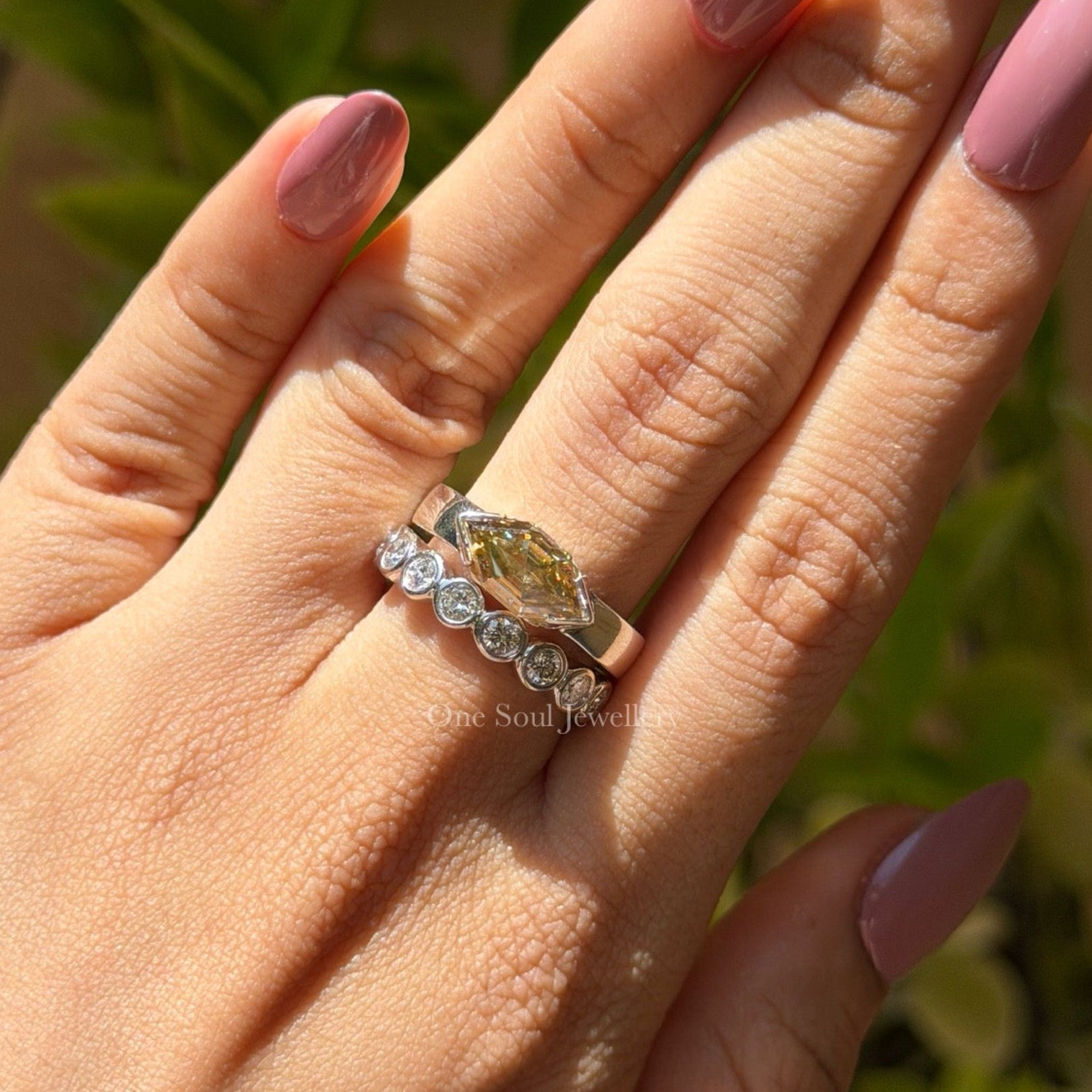 Dutch Marquise Yellow Moissanite Bridal Set, Marquise Moissanite Engagement Ring, Bezel Set Bubble Band, Stacking Band Set, Wedding Ring Set