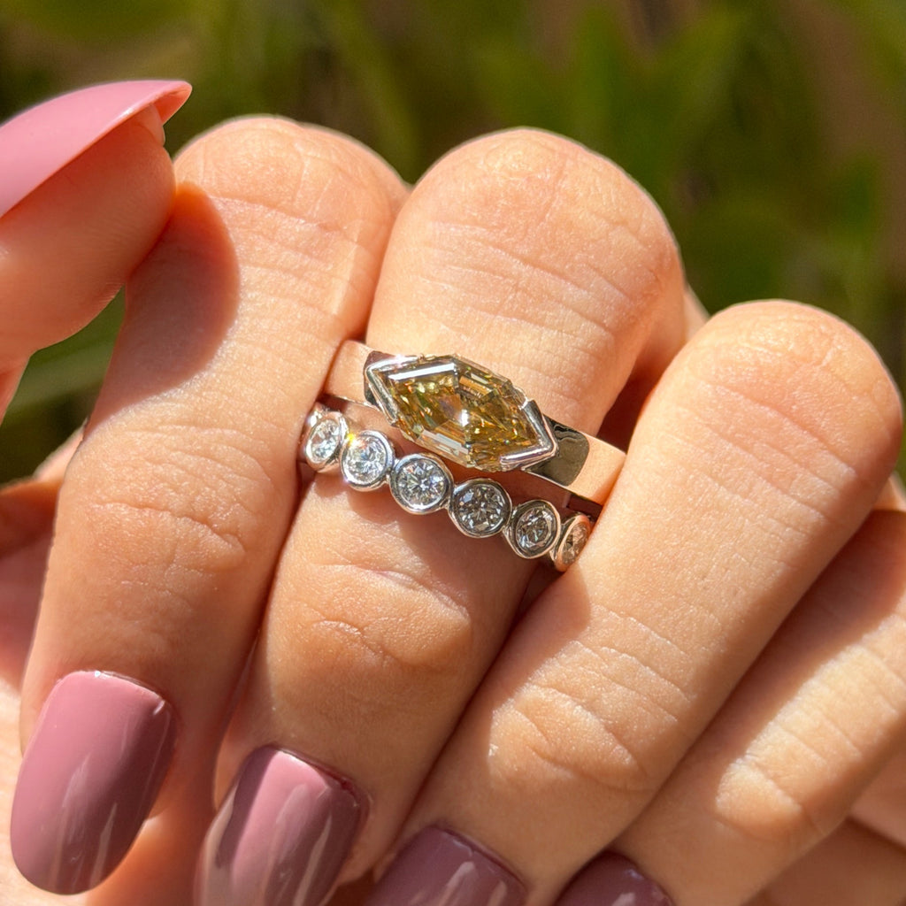 Dutch Marquise Yellow Moissanite Bridal Set, Marquise Moissanite Engagement Ring, Bezel Set Bubble Band, Stacking Band Set, Wedding Ring Set