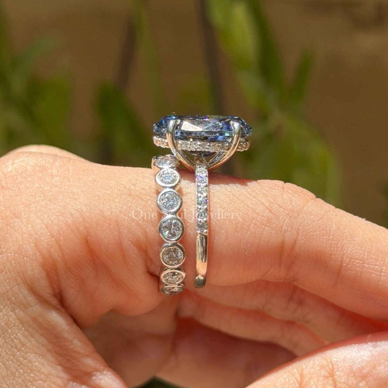 Grey Oval Moissanite Engagement Ring, Bridal Ring Set, Stacking Bubble Band, Full Eternity Band, Wedding Band, Anniversary Gifts Ring
