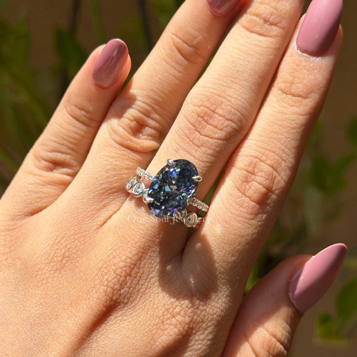 Grey Oval Moissanite Engagement Ring, Bridal Ring Set, Stacking Bubble Band, Full Eternity Band, Wedding Band, Anniversary Gifts Ring