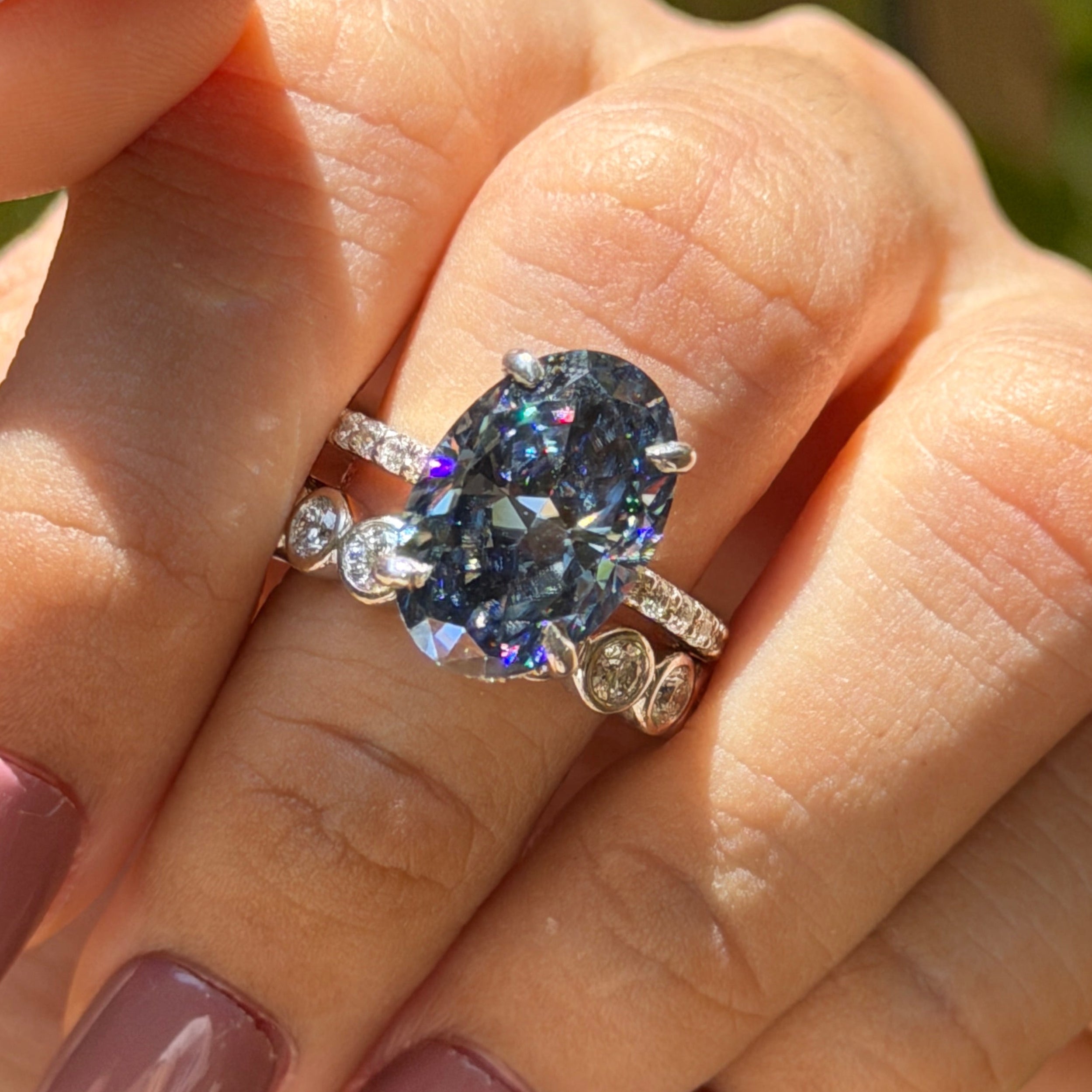 Grey Oval Moissanite Engagement Ring, Bridal Ring Set, Stacking Bubble Band, Full Eternity Band, Wedding Band, Anniversary Gifts Ring