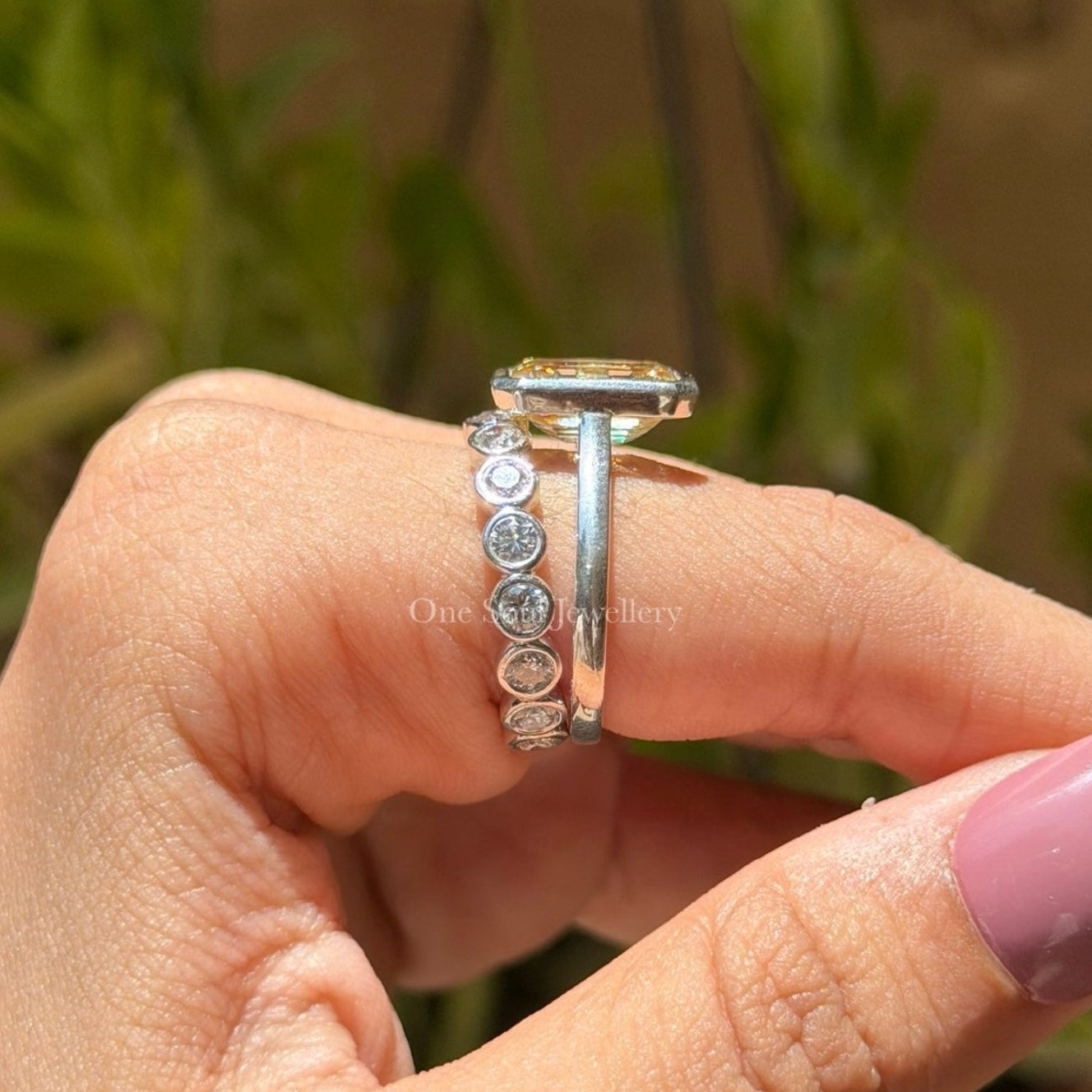 Canary Yellow Emerald Cut Moissanite Bridal Set, Bezel Set Solitaire Engagement Ring, Stacking Bubble Band, Anniversary Gift Ring