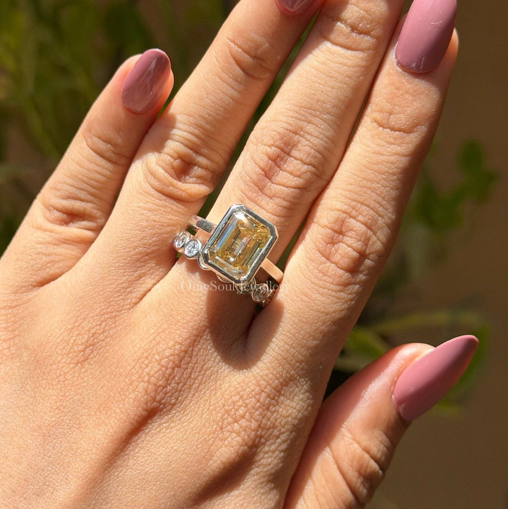 Canary Yellow Emerald Cut Moissanite Bridal Set, Bezel Set Solitaire Engagement Ring, Stacking Bubble Band, Anniversary Gift Ring