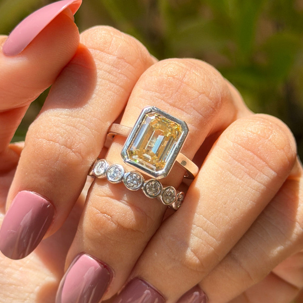 Canary Yellow Emerald Cut Moissanite Bridal Set, Bezel Set Solitaire Engagement Ring, Stacking Bubble Band, Anniversary Gift Ring