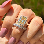 Canary Yellow Emerald Cut Moissanite Bridal Set, Bezel Set Solitaire Engagement Ring, Stacking Bubble Band, Anniversary Gift Ring