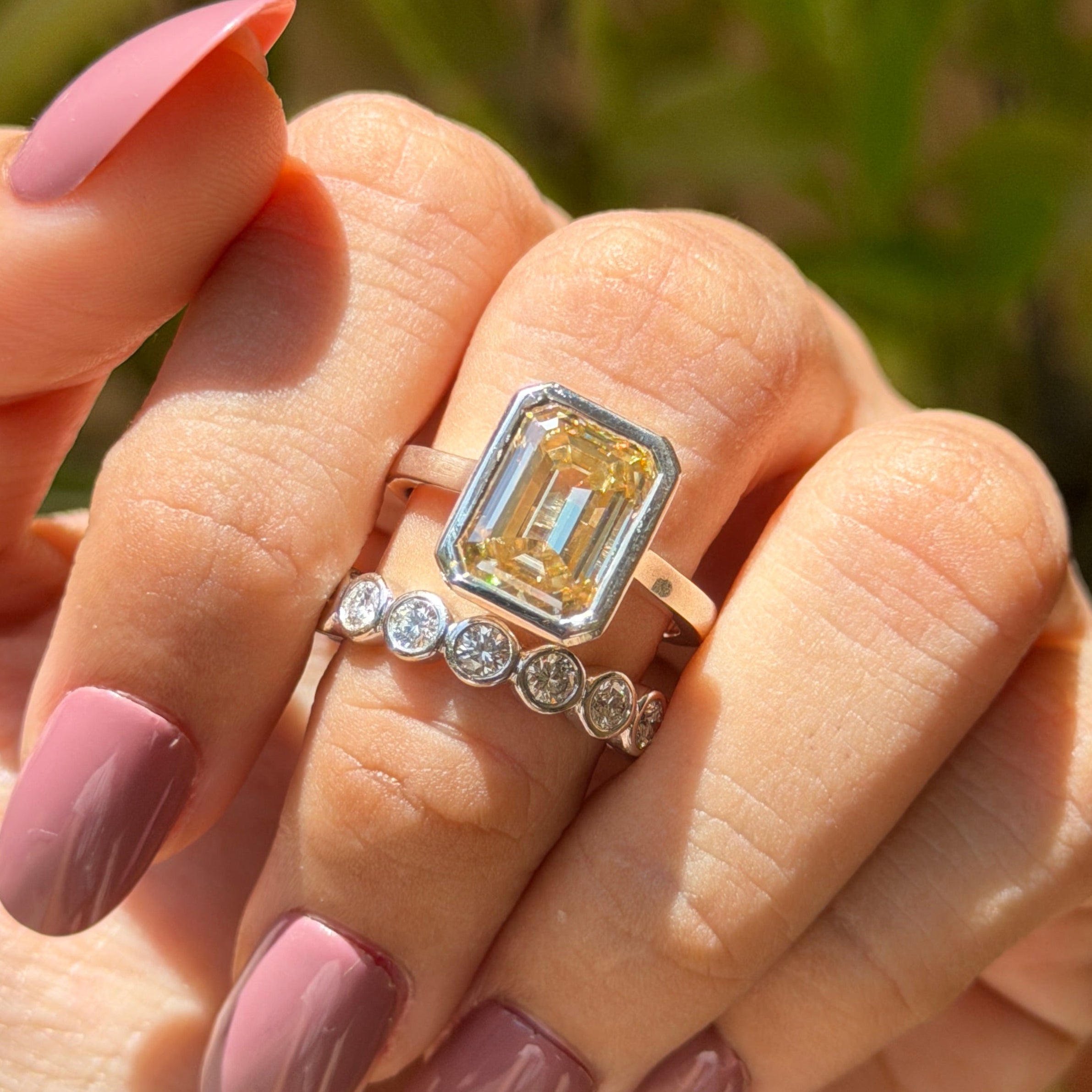Canary Yellow Emerald Cut Moissanite Bridal Set, Bezel Set Solitaire Engagement Ring, Stacking Bubble Band, Anniversary Gift Ring