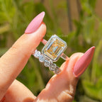 Canary Yellow Emerald Cut Moissanite Bridal Set, Bezel Set Solitaire Engagement Ring, Stacking Bubble Band, Anniversary Gift Ring