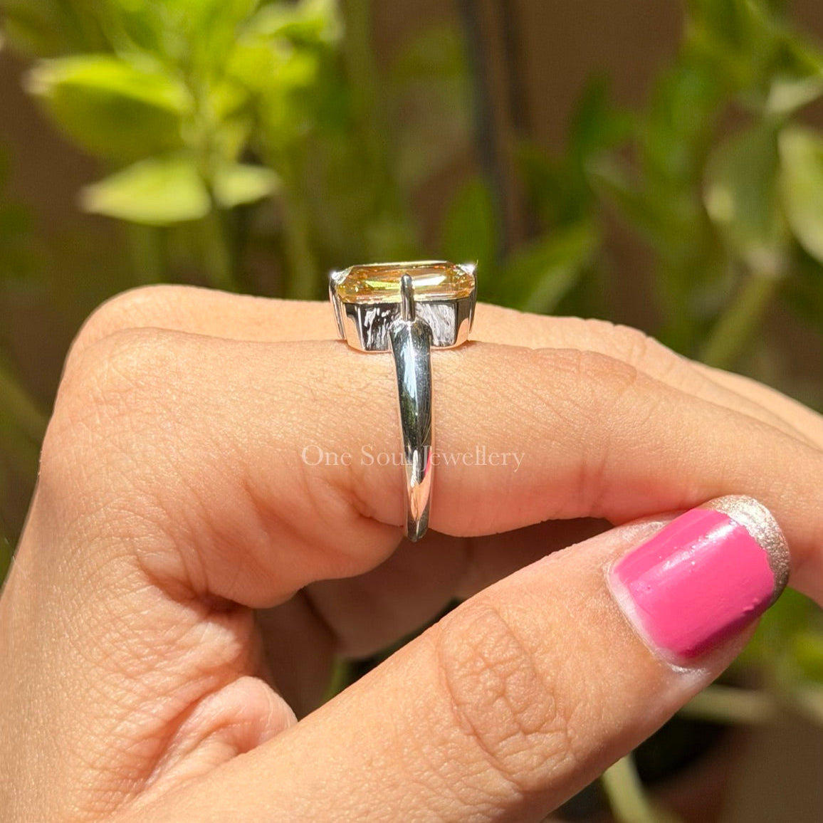 Criss Cut Canary Yellow Moissanite Engagement Ring, Compass Set Prong, White Gold Wedding Ring, Emerald Cut Ring, Solitaire Proposal Ring