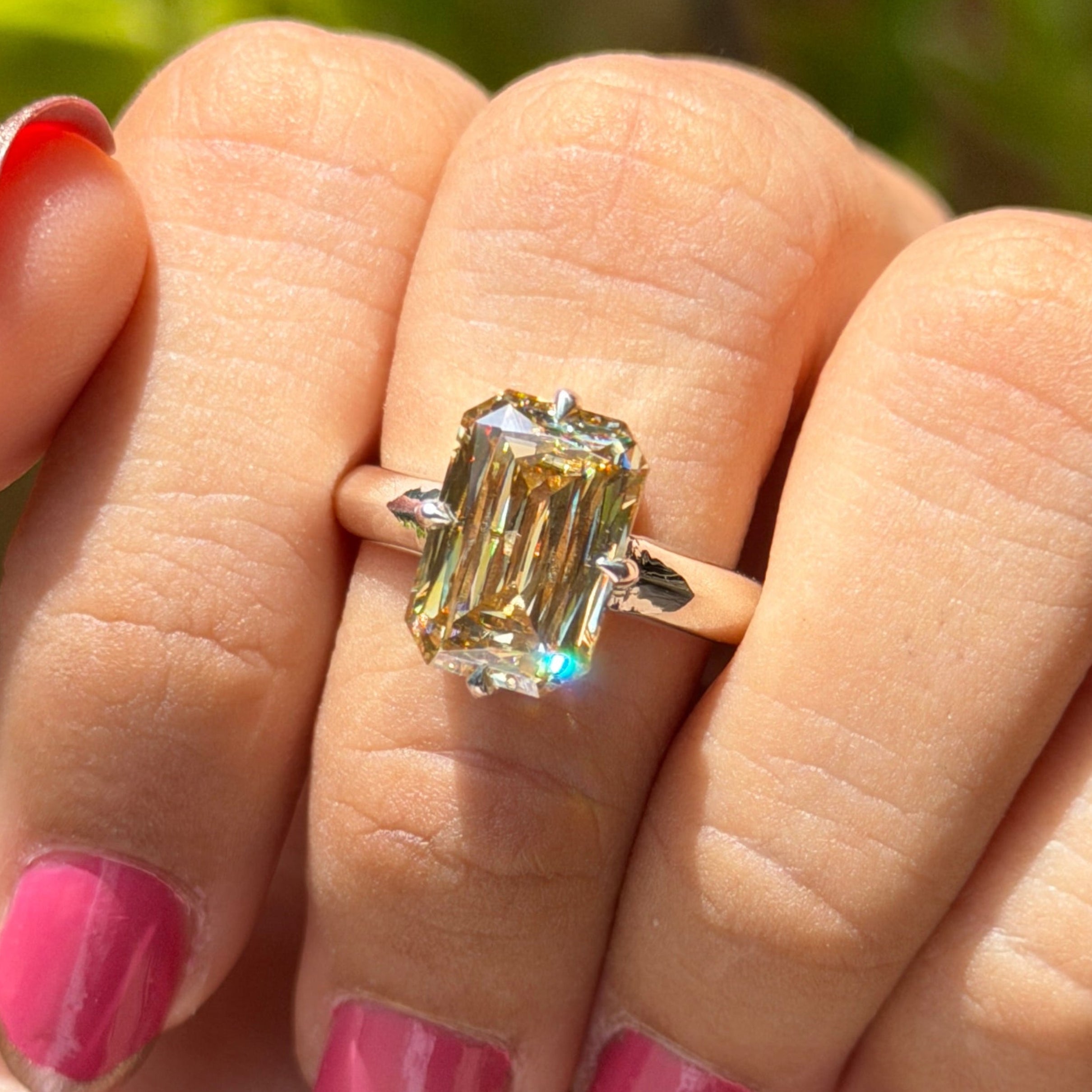 Criss Cut Canary Yellow Moissanite Engagement Ring, Compass Set Prong, White Gold Wedding Ring, Emerald Cut Ring, Solitaire Proposal Ring
