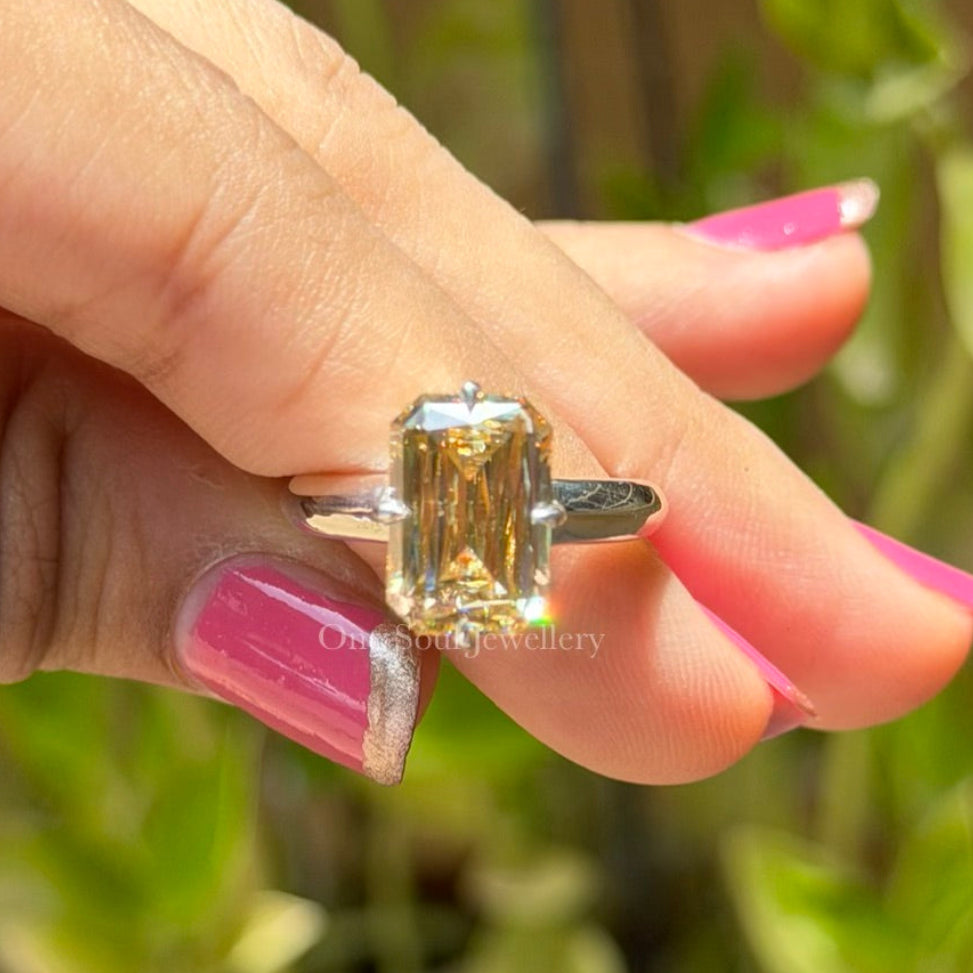Criss Cut Canary Yellow Moissanite Engagement Ring, Compass Set Prong, White Gold Wedding Ring, Emerald Cut Ring, Solitaire Proposal Ring