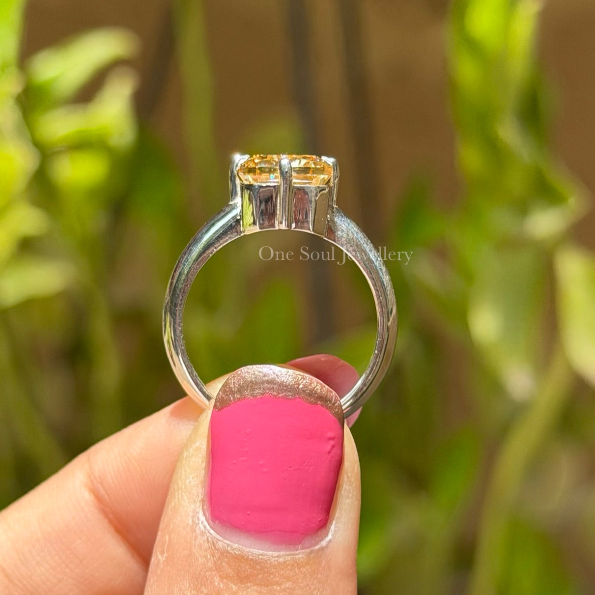 Criss Cut Canary Yellow Moissanite Engagement Ring, Compass Set Prong, White Gold Wedding Ring, Emerald Cut Ring, Solitaire Proposal Ring