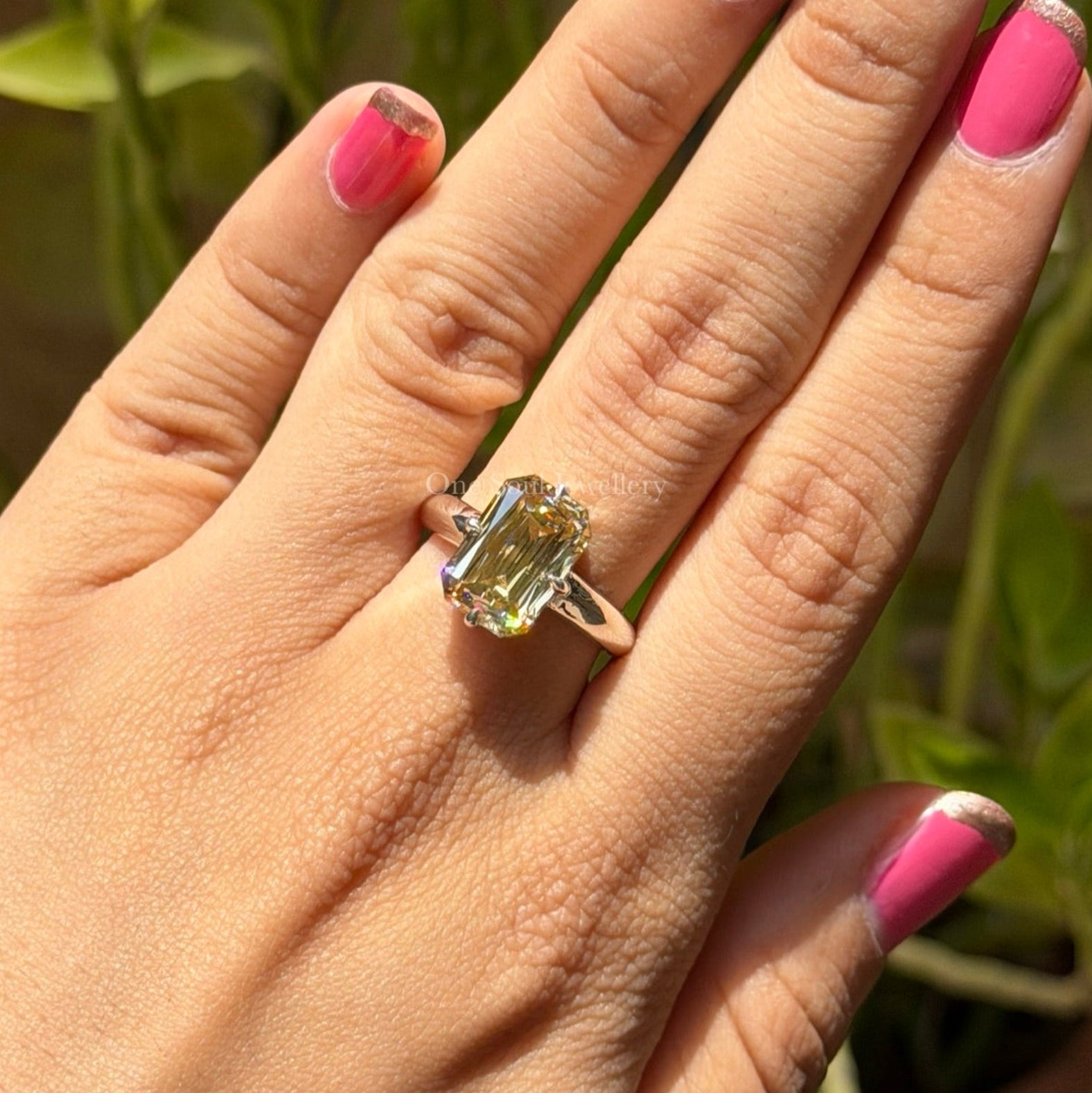 Criss Cut Canary Yellow Moissanite Engagement Ring, Compass Set Prong, White Gold Wedding Ring, Emerald Cut Ring, Solitaire Proposal Ring