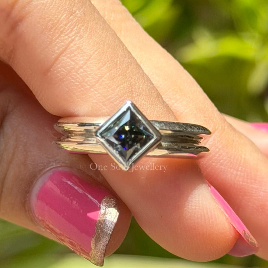 Bezel Set Dark Grey Princess Moissanite Engagement Ring, White Gold Wedding Ring with Knife Edge Band, Proposal Ring, Solitaire Ring