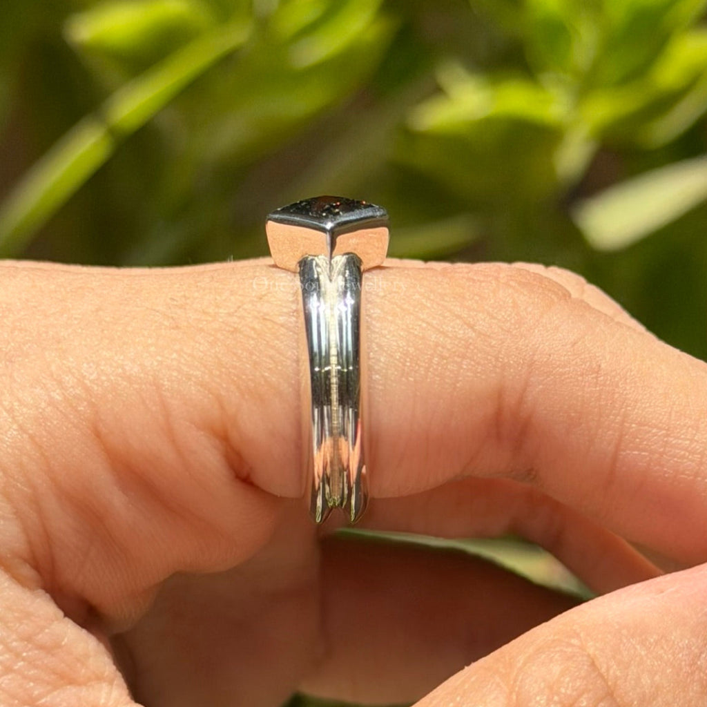 Bezel Set Dark Grey Princess Moissanite Engagement Ring, White Gold Wedding Ring with Knife Edge Band, Proposal Ring, Solitaire Ring