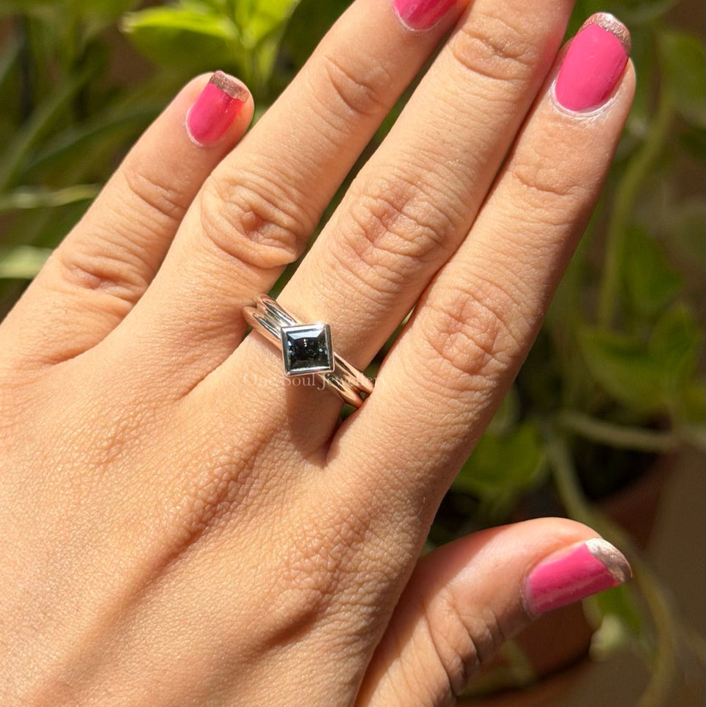Bezel Set Dark Grey Princess Moissanite Engagement Ring, White Gold Wedding Ring with Knife Edge Band, Proposal Ring, Solitaire Ring