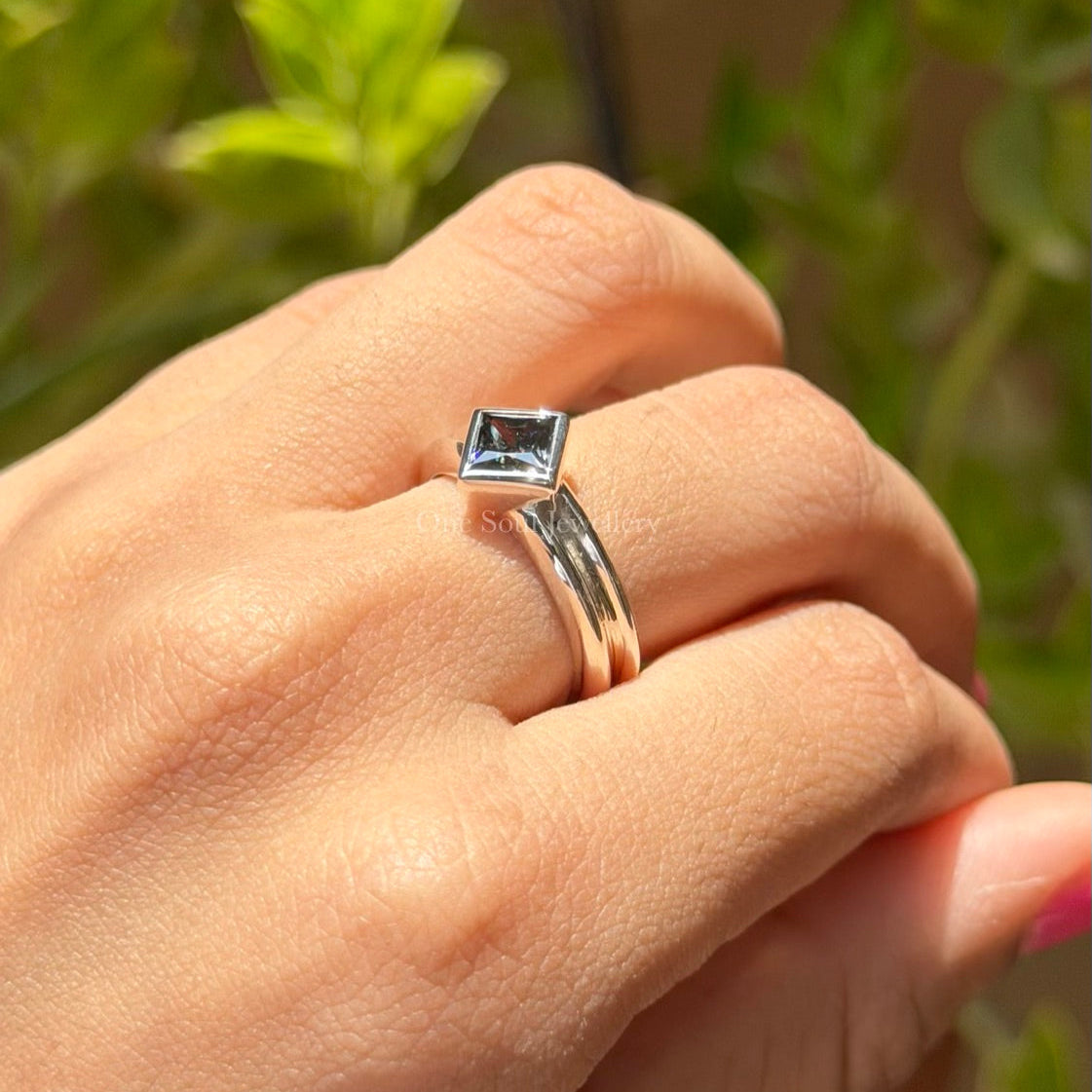 Bezel Set Dark Grey Princess Moissanite Engagement Ring, White Gold Wedding Ring with Knife Edge Band, Proposal Ring, Solitaire Ring