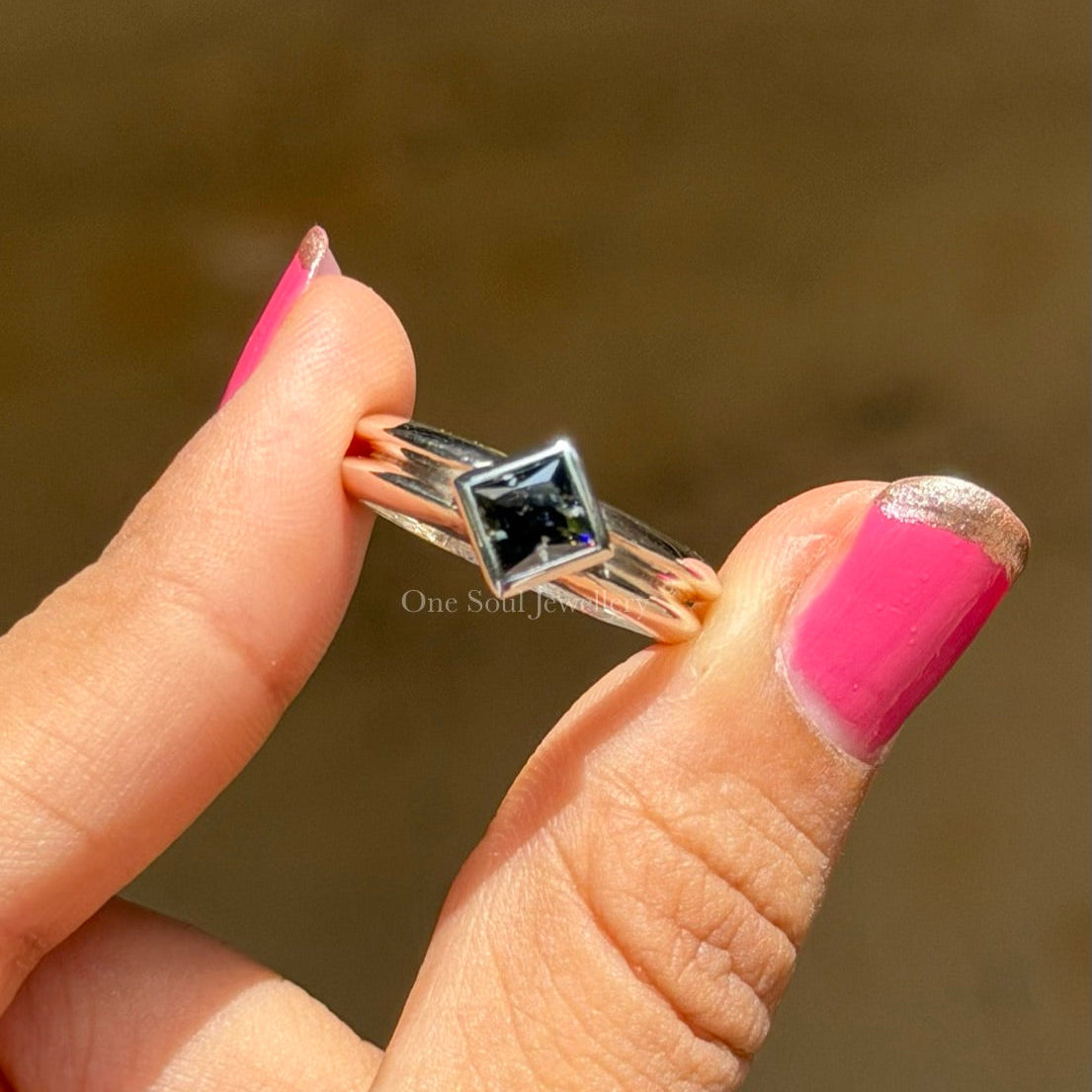 Bezel Set Dark Grey Princess Moissanite Engagement Ring, White Gold Wedding Ring with Knife Edge Band, Proposal Ring, Solitaire Ring