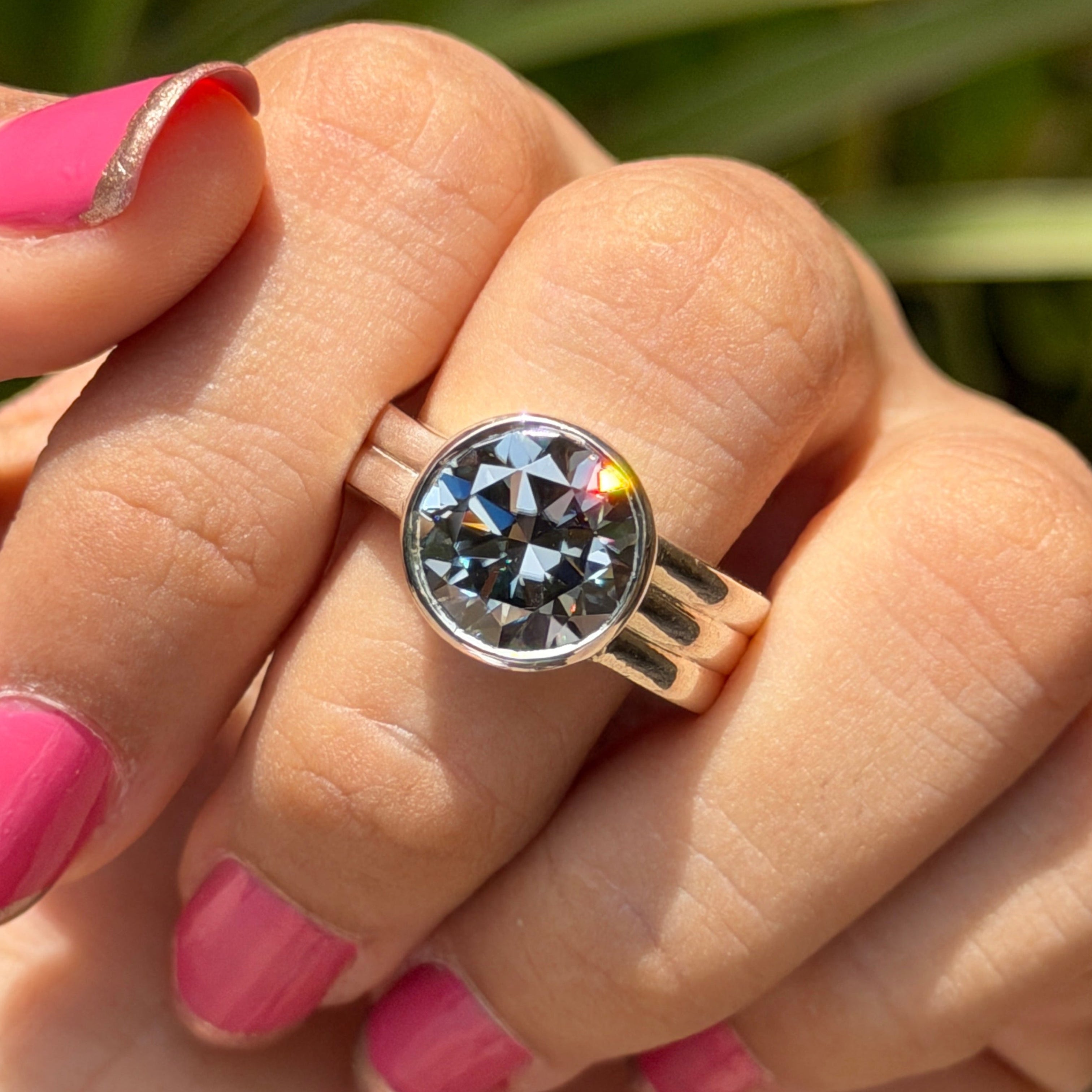 Bezel Set Round Grey Moissanite Engagement Ring, Chunky Wedding Ring, Triple Dome Ring, Thick Band Ring, White Gold Ring for Women