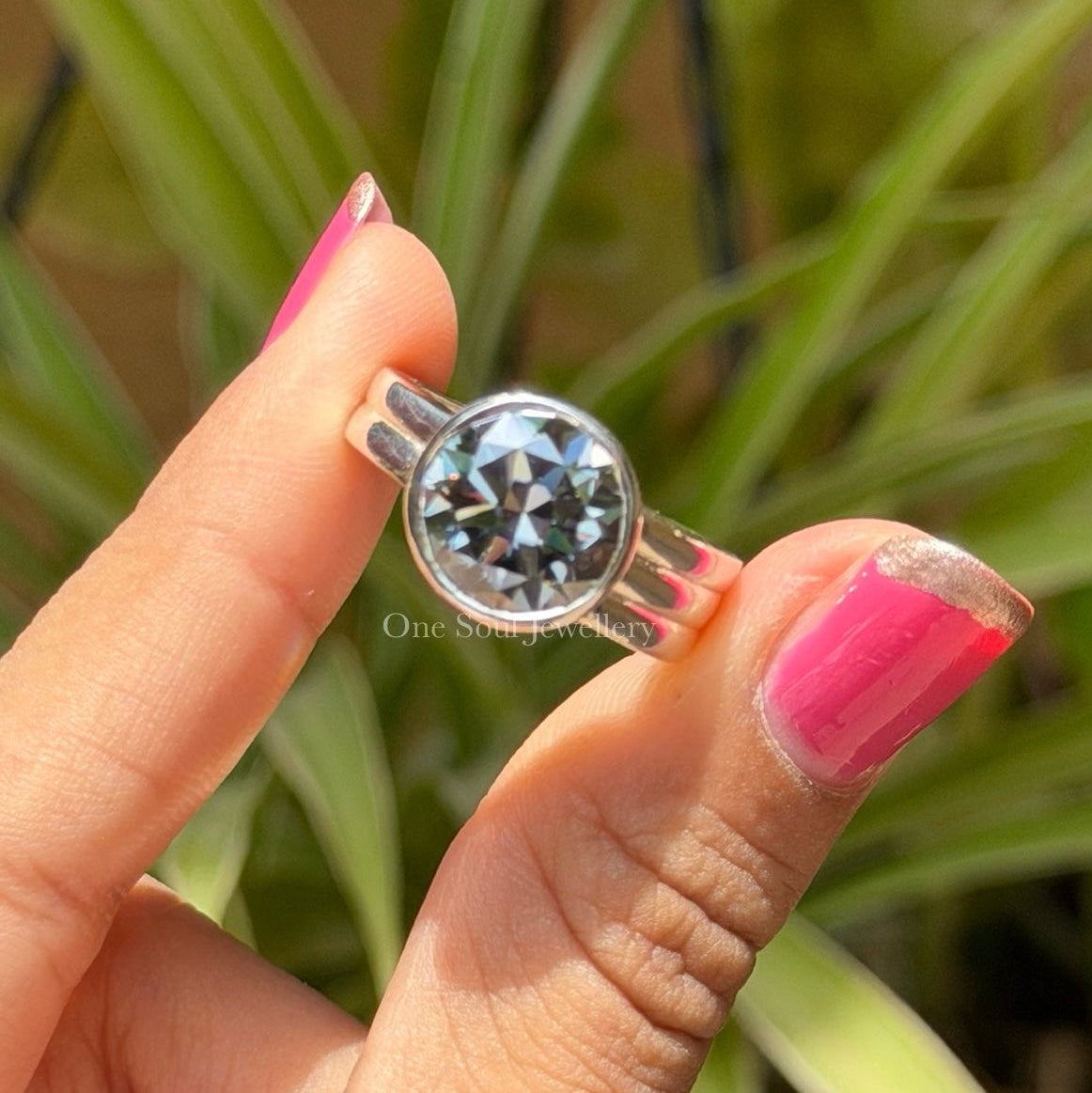 Bezel Set Round Grey Moissanite Engagement Ring, Chunky Wedding Ring, Triple Dome Ring, Thick Band Ring, White Gold Ring for Women