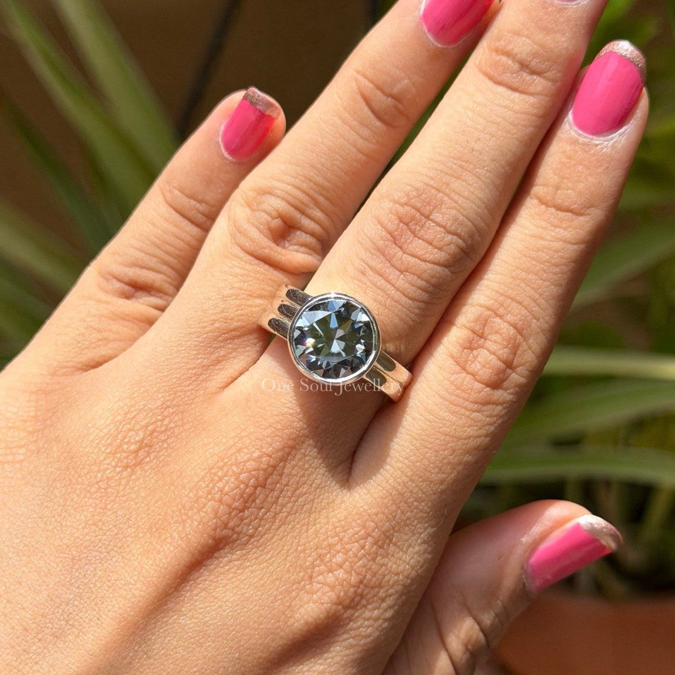 Bezel Set Round Grey Moissanite Engagement Ring, Chunky Wedding Ring, Triple Dome Ring, Thick Band Ring, White Gold Ring for Women