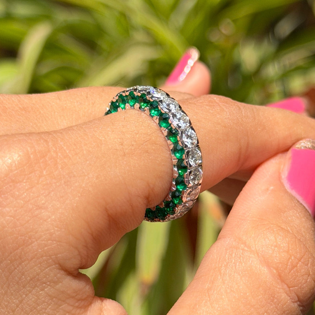 Lab Grown Emerald and Diamond Eternity Band, Three Side Pave Wedding Band, Bezel Set Promise Band, Stackable Band, White Gold Band for Her