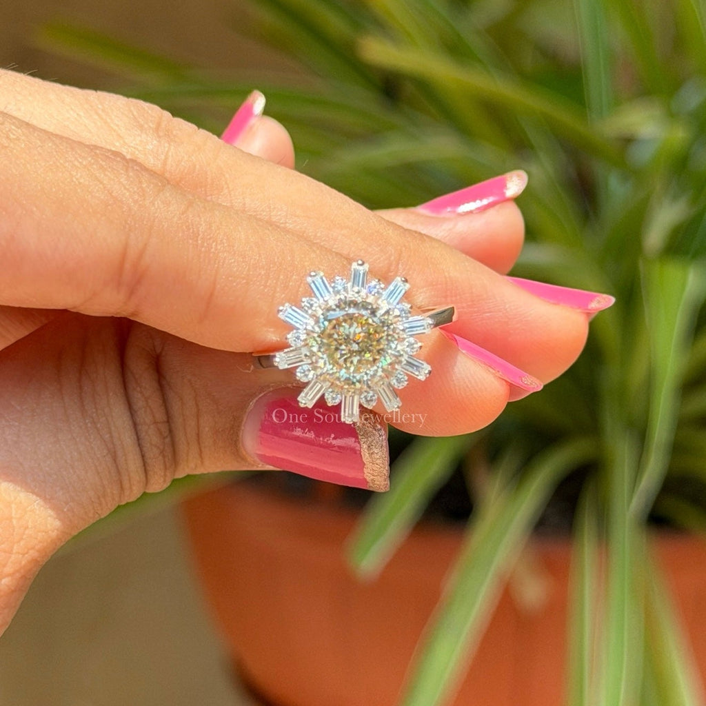Vintage Portuguese Cut Yellow Moissanite Halo Engagement Ring, Snowflake Wedding Ring, Round & Baguette Cluster Ring, Proposal Ring for Her