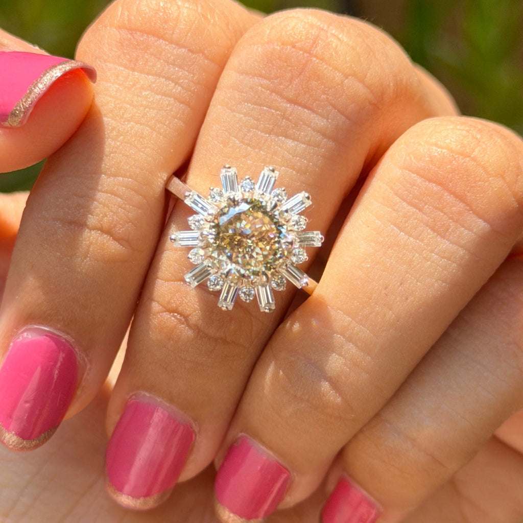 Vintage Portuguese Cut Yellow Moissanite Halo Engagement Ring, Snowflake Wedding Ring, Round & Baguette Cluster Ring, Proposal Ring for Her