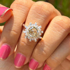 Vintage Portuguese Cut Yellow Moissanite Halo Engagement Ring, Snowflake Wedding Ring, Round & Baguette Cluster Ring, Proposal Ring for Her