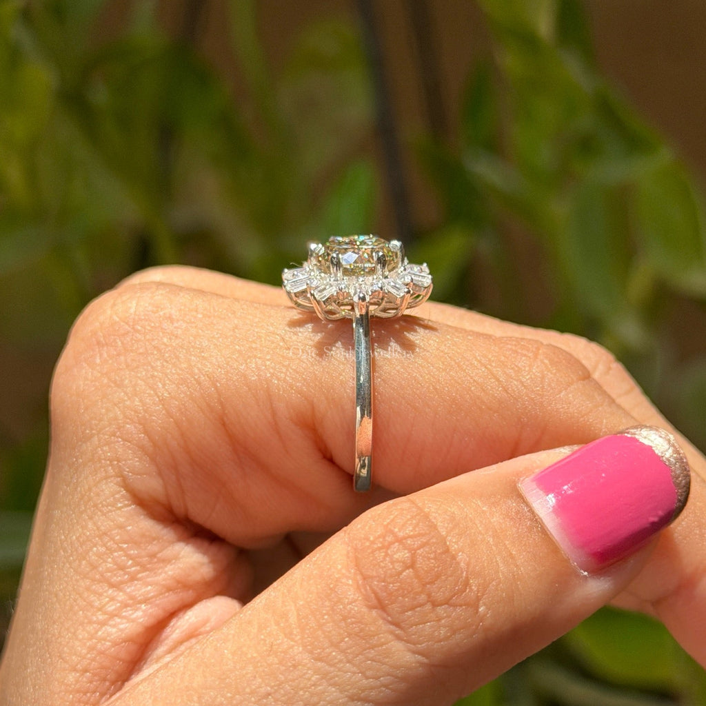 Vintage Portuguese Cut Yellow Moissanite Halo Engagement Ring, Snowflake Wedding Ring, Round & Baguette Cluster Ring, Proposal Ring for Her