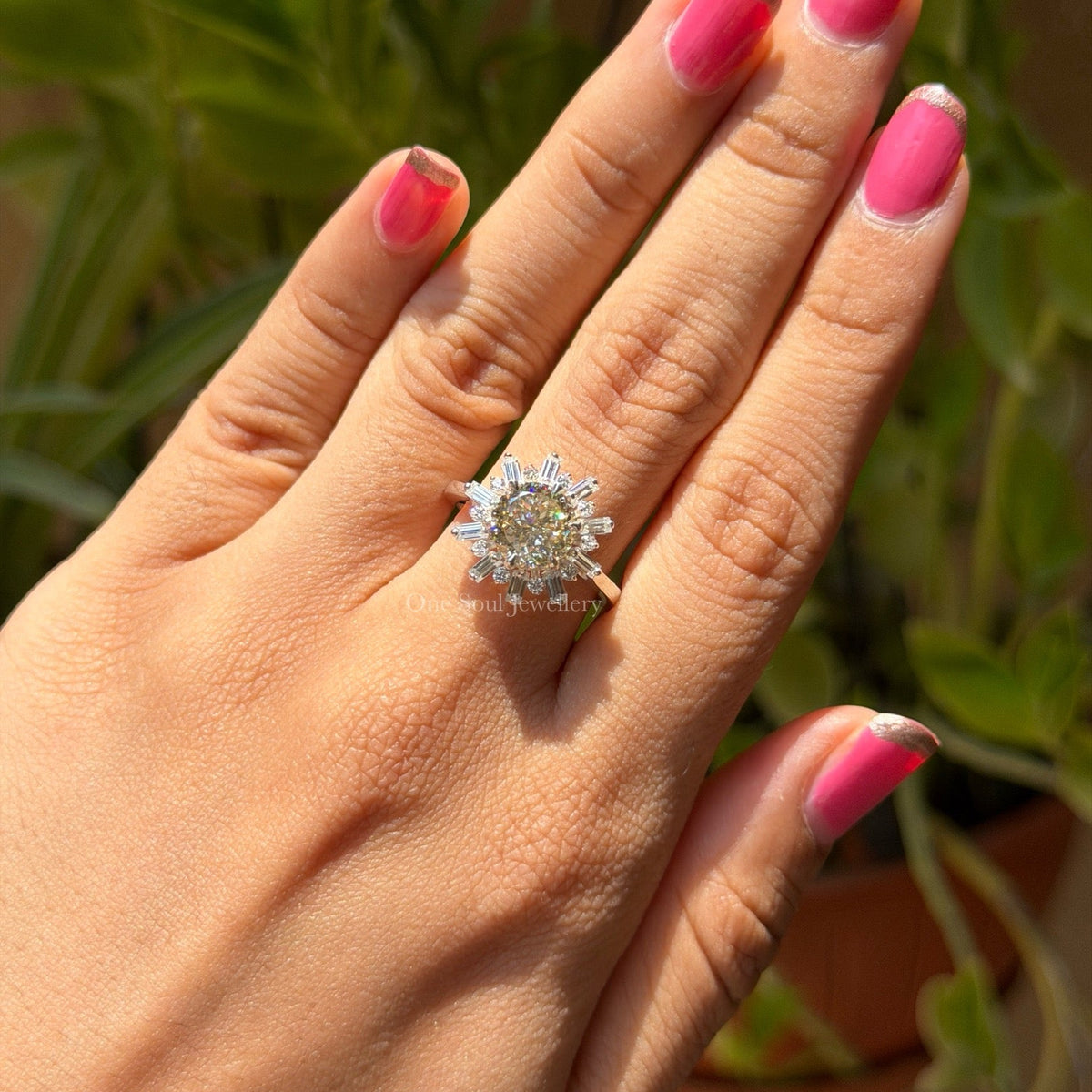 Vintage Portuguese Cut Yellow Moissanite Halo Engagement Ring, Snowflake Wedding Ring, Round & Baguette Cluster Ring, Proposal Ring for Her
