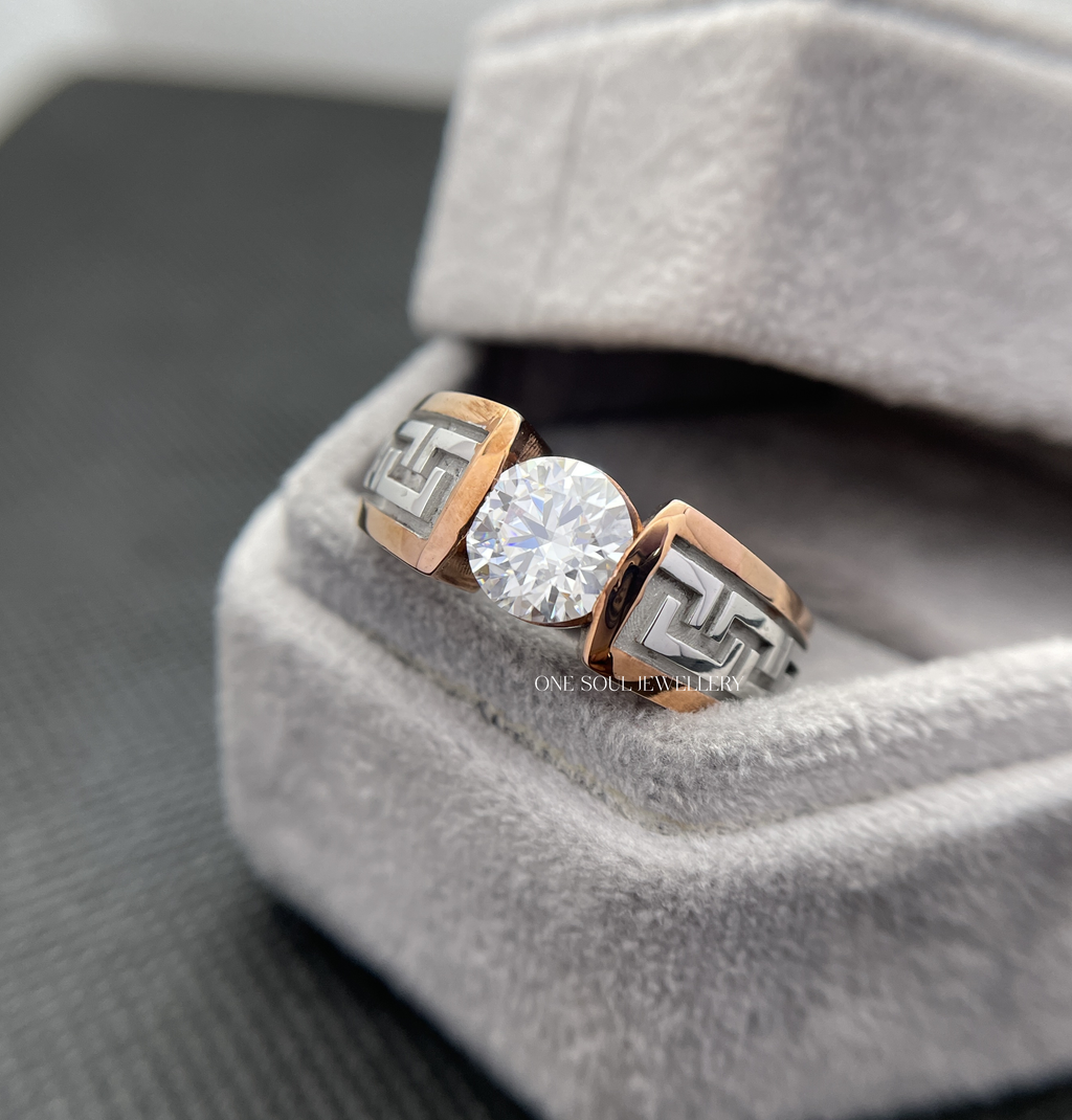 14K rose gold men's engagement ring featuring Greek key meander pattern and 2CT round VVS moissanite solitaire center stone